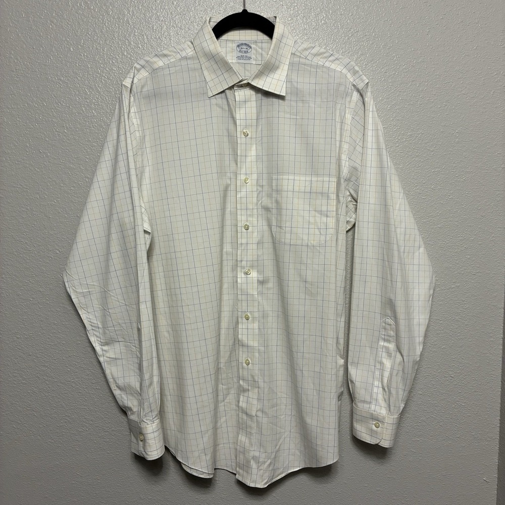 Brooks Brothers Slim Fit‎ Dress Shirt White Blue Yellow Check 16.5-35 Non-Iron
